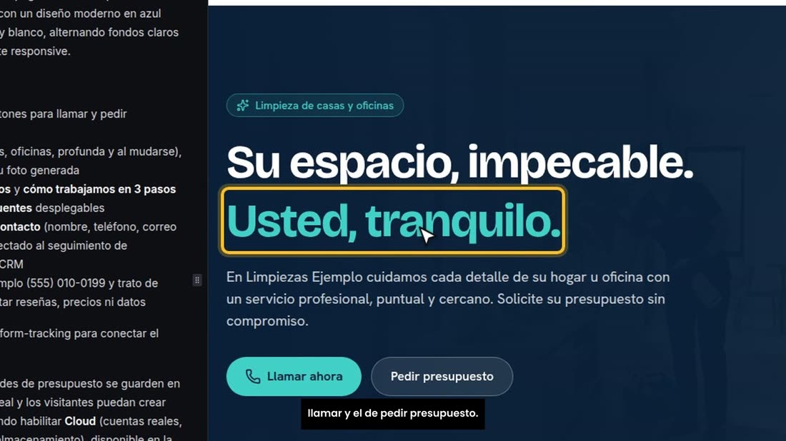 Arriba, el menú con el teléfono y el botón de pedir presupuesto. Debajo, la portada: el titular, el botón de llamar y el