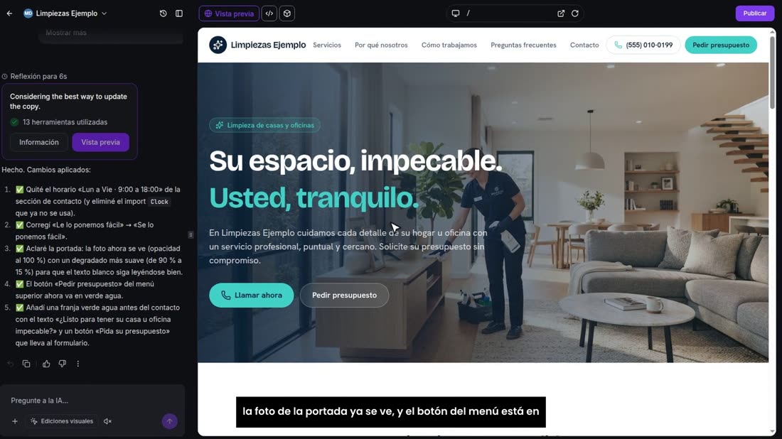Listo. Recargamos la vista previa y comprobamos uno por uno: la foto de la portada ya se ve, y el botón del menú está en