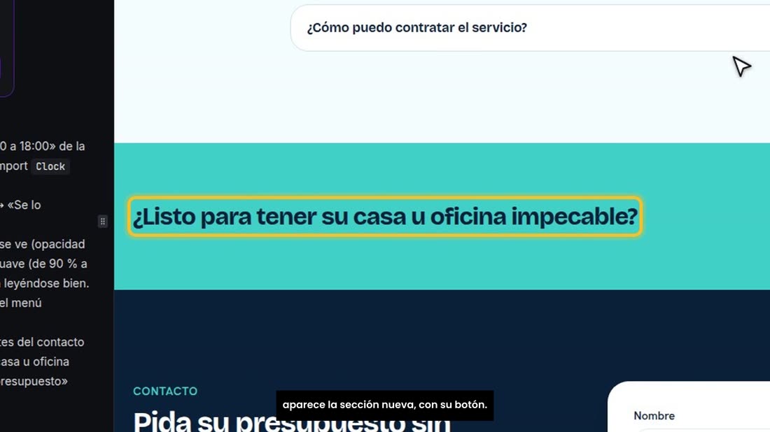Bajamos: la frase ya está bien escrita, y antes del contacto aparece la sección nueva, con su botón.