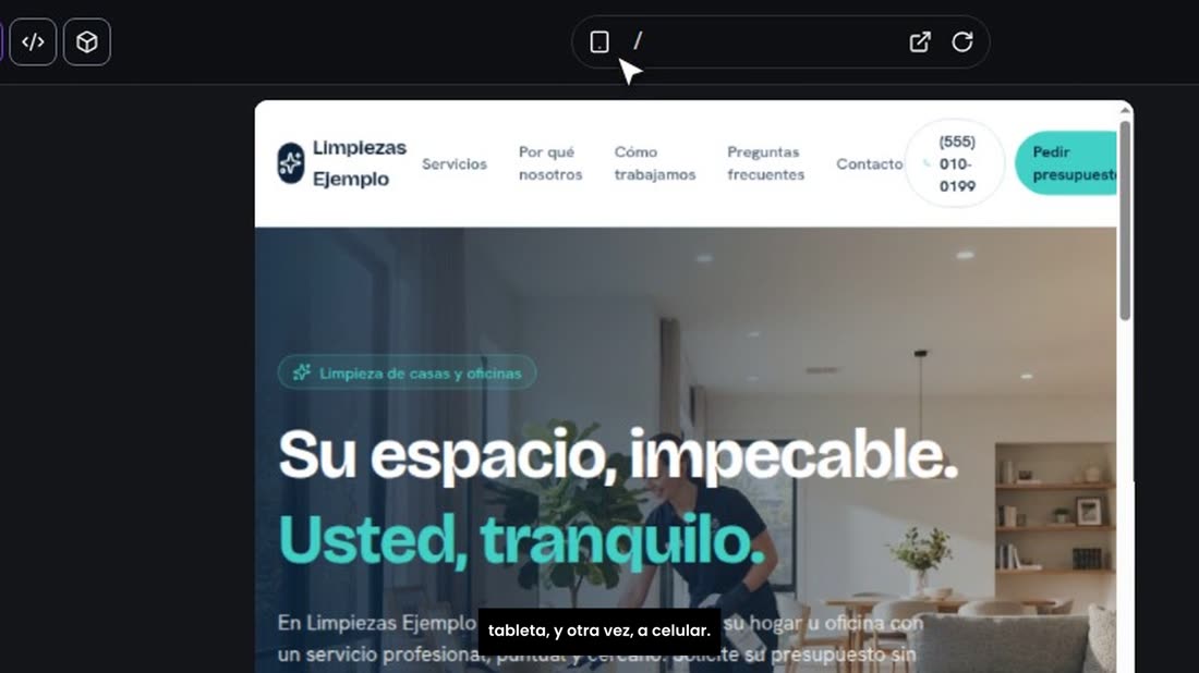 Ahora, el celular, que es donde la verá la mayoría de los clientes. Arriba, pulse el icono de la pantalla: cambia a tabl
