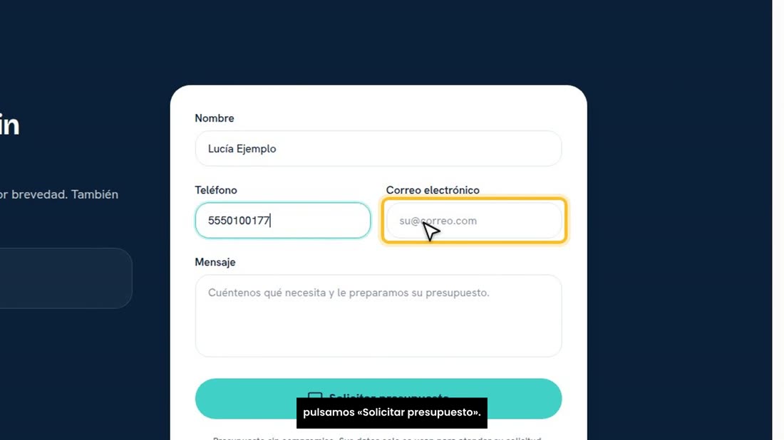 Lo probamos: otra vez el formulario de la página, como un visitante. Escribimos los datos de otra persona de ejemplo, y 