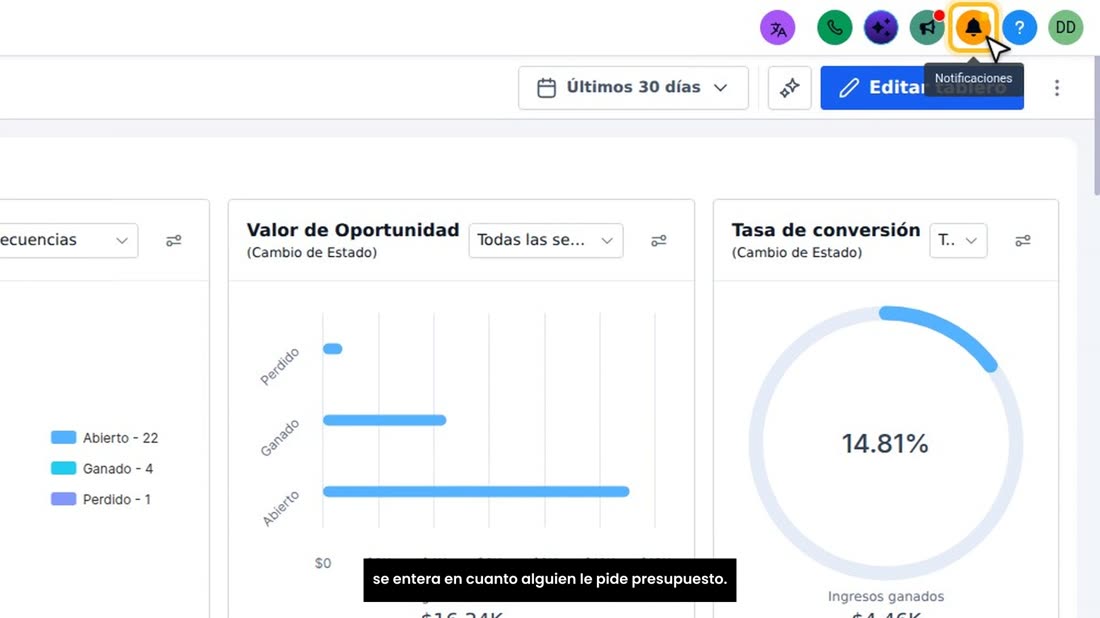 Y al momento, en la campanita de notificaciones del CRM, llega el aviso: «Nuevo cliente desde la página web». Así su cli
