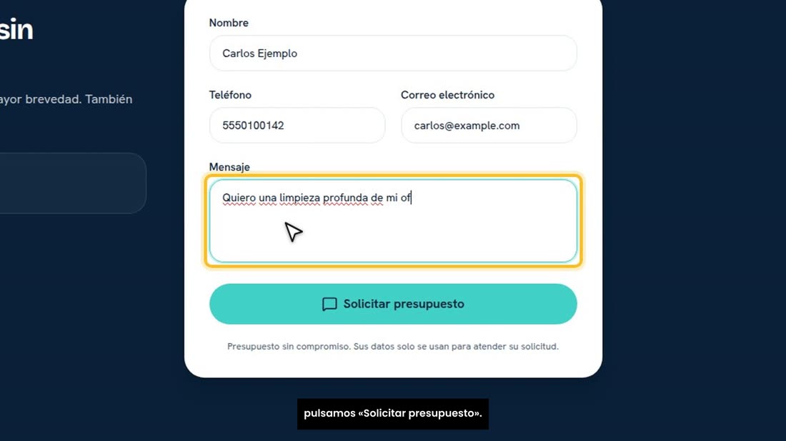 Escribimos el nombre, el teléfono, el correo y un mensaje, y pulsamos «Solicitar presupuesto».
