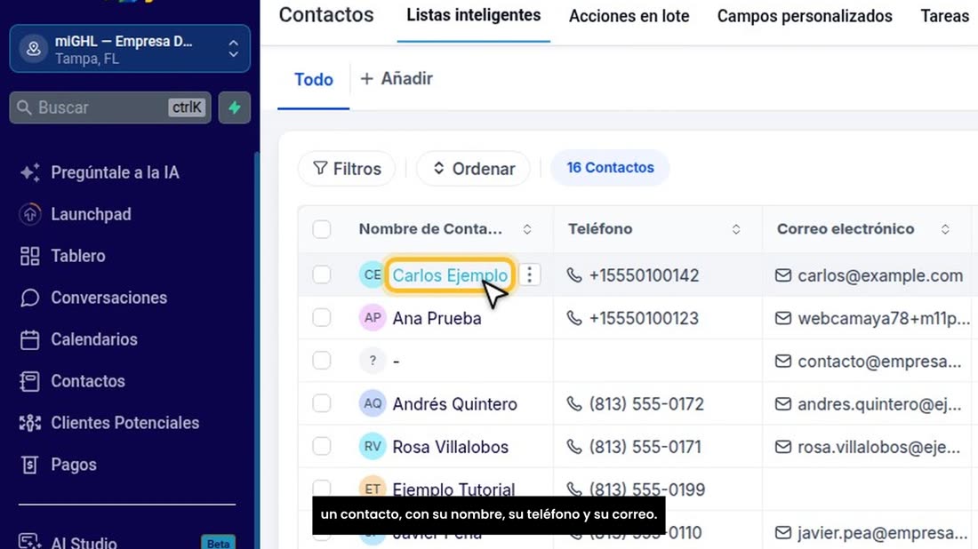 Y en «Contactos» de la subcuenta, ahí está: el visitante ya es un contacto, con su nombre, su teléfono y su correo.