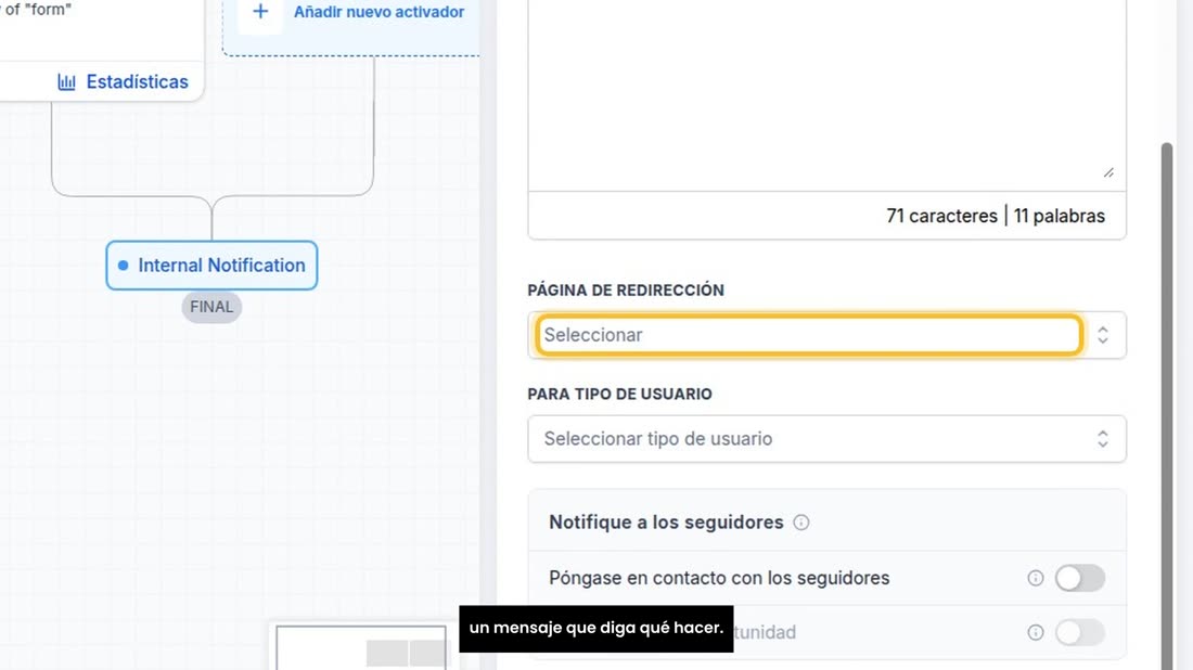 Le ponemos un título, «Nuevo cliente desde la página web», y un mensaje que diga qué hacer.