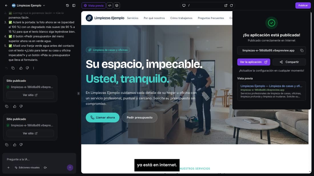 Pulse el botón grande, «Publicar». En unos segundos, la página ya está en internet.