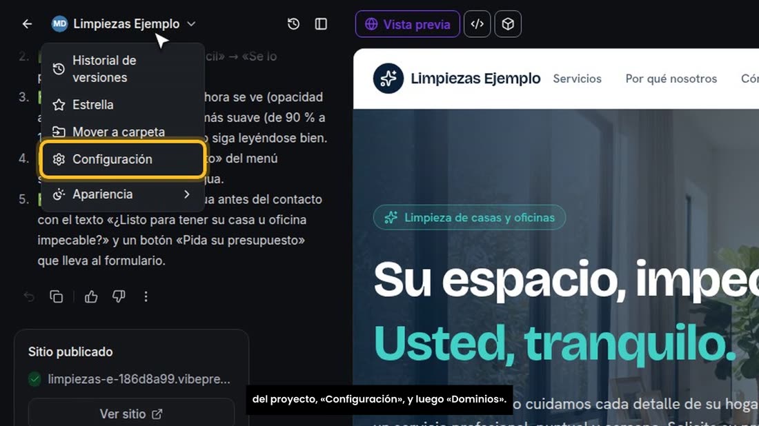 Para usar el dominio de su cliente, en el editor abra el menú del proyecto, «Configuración», y luego «Dominios».