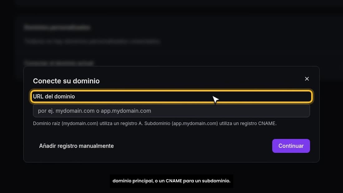 Pulse «Conectar el dominio» y escriba el dominio. Le indica qué registro poner donde lo compró: un registro A para el do