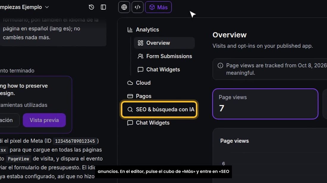 Ahora, para que la encuentren en Google y para medir los anuncios. En el editor, pulse el cubo de «Más» y entre en «SEO 