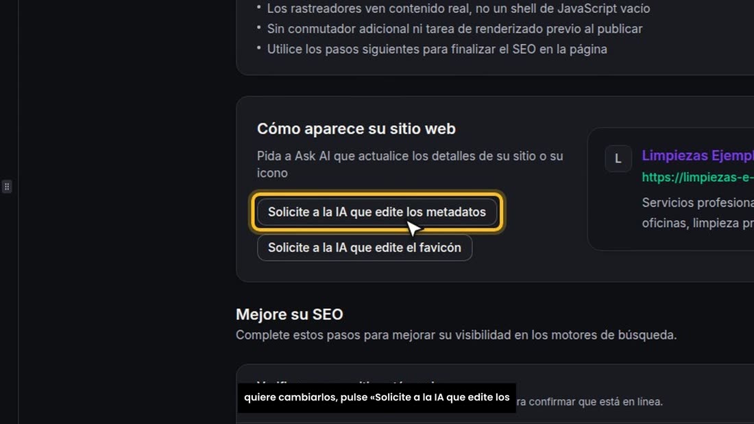 Aquí ve cómo saldrá en Google: el título y la descripción. Si quiere cambiarlos, pulse «Solicite a la IA que edite los m