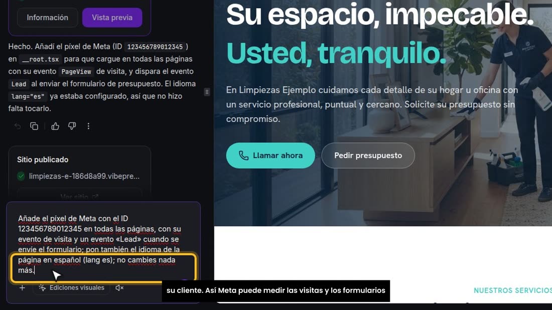 Y el píxel de Meta, o la etiqueta de Google, se pide por el chat, igual que los otros cambios, con el número de píxel de