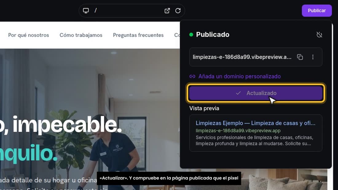 Después de cualquier cambio, abra «Publicar» y pulse «Actualizar». Y compruebe en la página publicada que el píxel está.