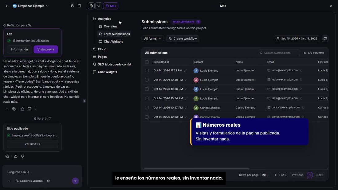 Así, cuando su cliente le pregunte si la página trae clientes, le enseña los números reales, sin inventar nada.