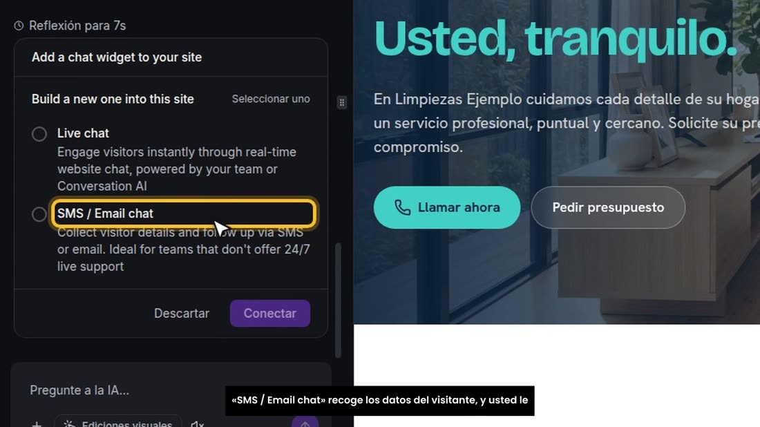 AI Studio le pregunta qué tipo de chat quiere. «Live chat» es el chat en vivo: lo contesta su equipo, o su asistente de 