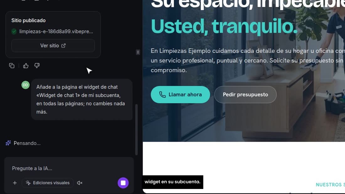 Elegimos «Live chat» y pulsamos «Conectar». La IA crea el widget en su subcuenta.