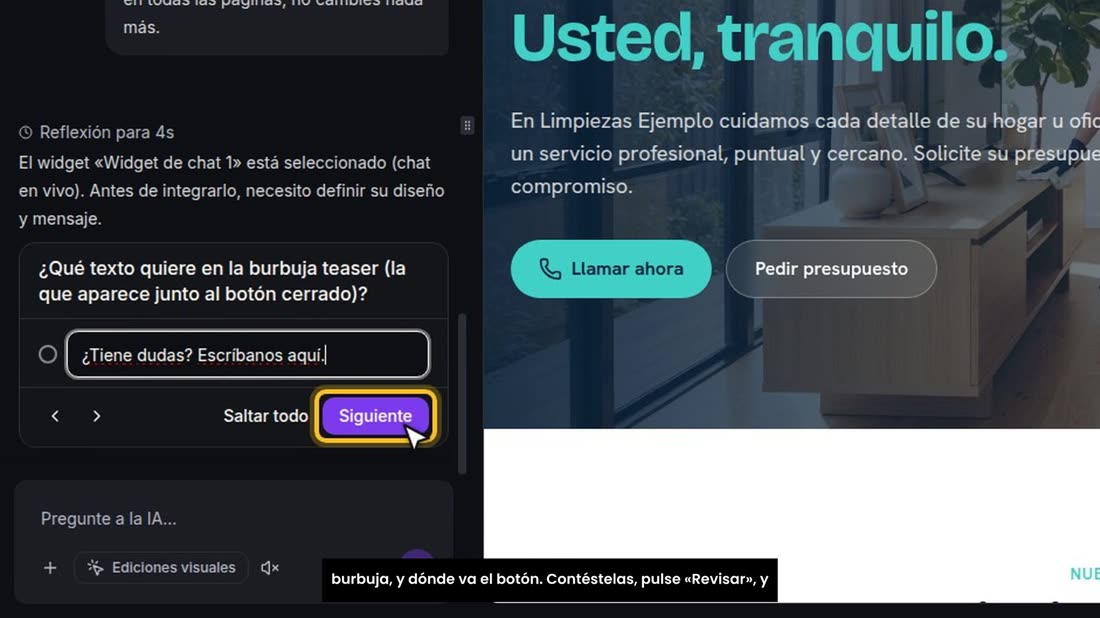 Antes de ponerlo, AI Studio le hace unas preguntas: el saludo que verá el visitante al abrir el chat, el texto de la bur