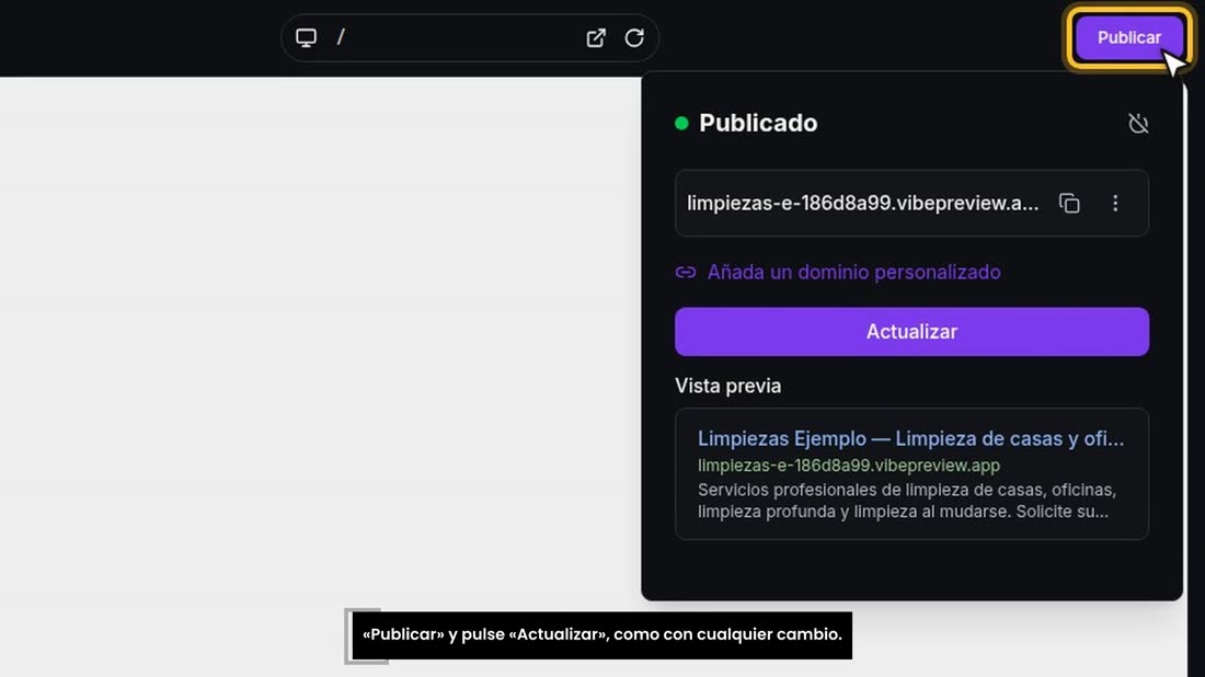 La IA pone el chat en la página. Cuando termine, abra «Publicar» y pulse «Actualizar», como con cualquier cambio.