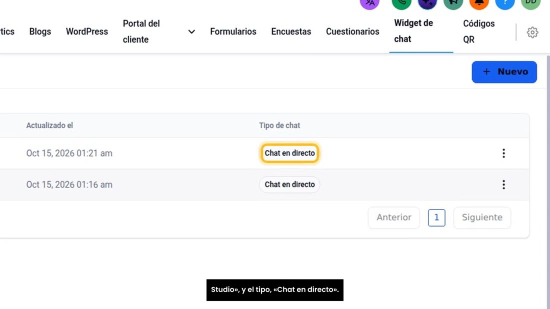 El chat que creó la IA también queda en su subcuenta: en «Sitios», «Widget de chat». Ahí sale con el nombre «AI Studio»,