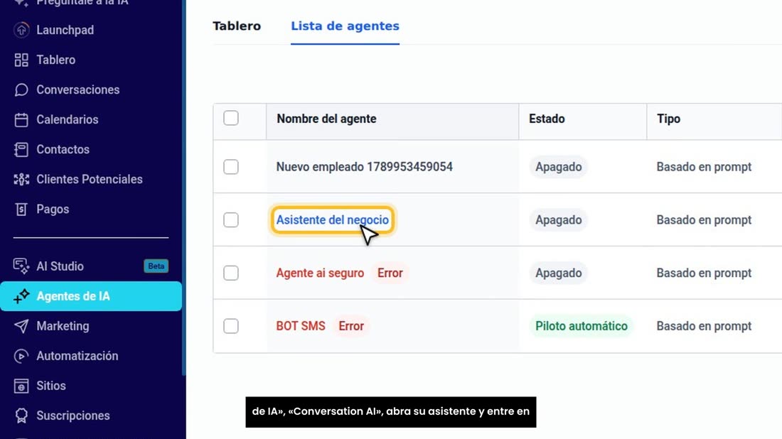 Para que su asistente de IA conteste el chat, vaya a «Agentes de IA», «Conversation AI», abra su asistente y entre en «I
