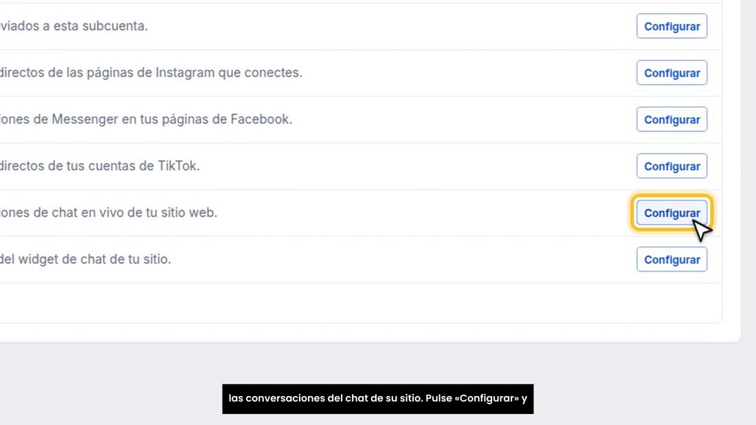 En la lista de canales está «Chat en tiempo real»: responde a las conversaciones del chat de su sitio. Pulse «Configurar