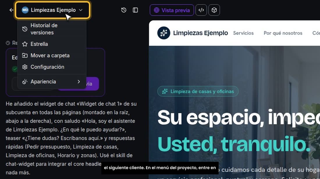Cuando tenga una página que funciona, no empiece de cero con el siguiente cliente. En el menú del proyecto, entre en «Co