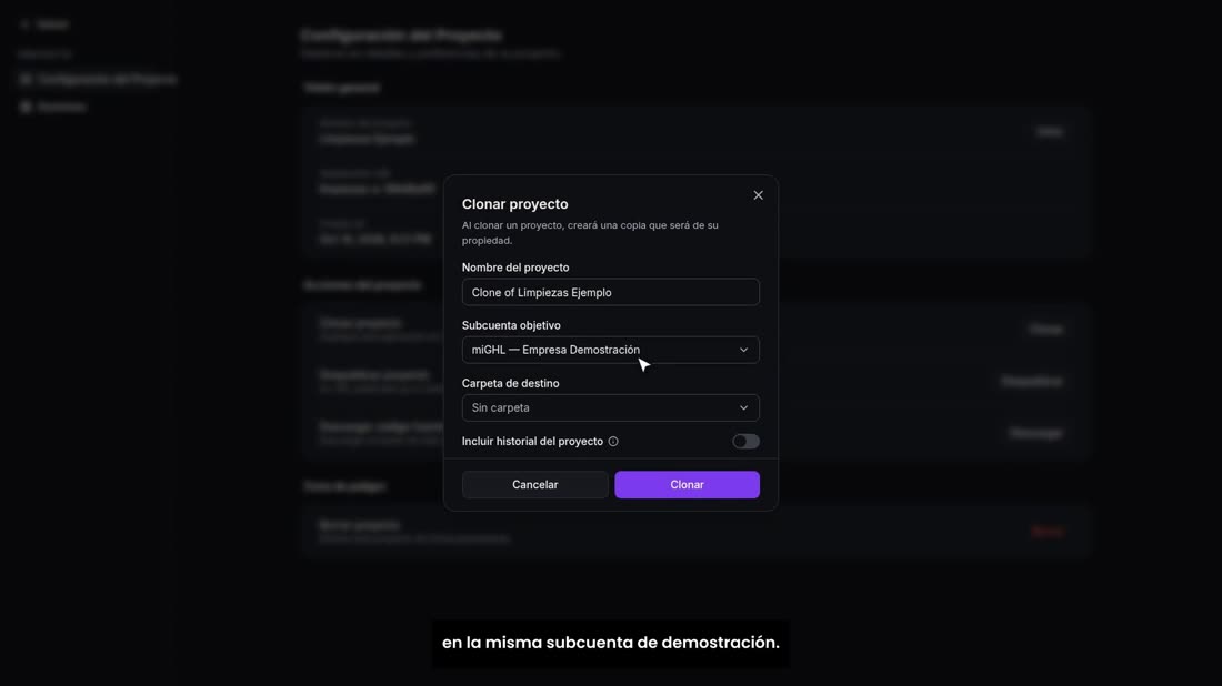 Fíjese en «Subcuenta objetivo»: si su cliente ya tiene su subcuenta, puede clonarla directamente ahí. Aquí la clonamos e