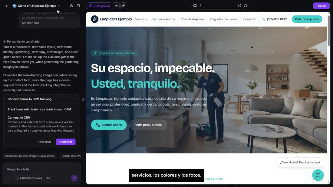 Ahora, en la copia, pídale a la IA todos los cambios del nuevo negocio en un solo mensaje: el nombre, el teléfono, los s