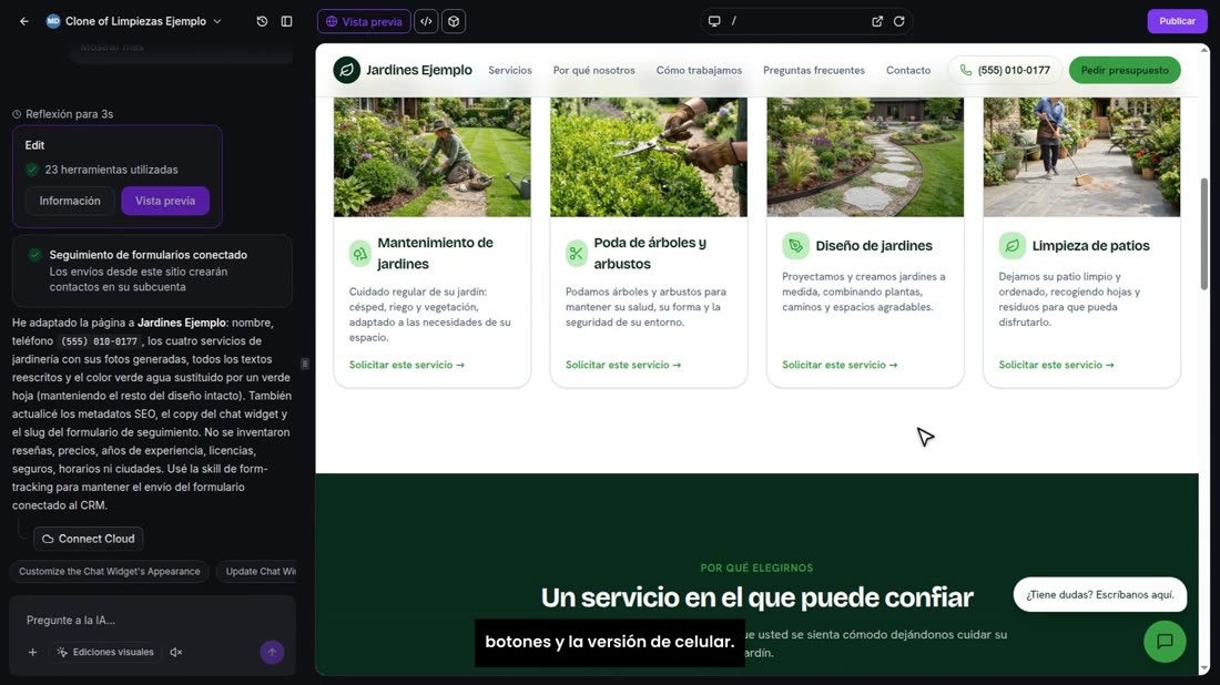 Y aquí está: el mismo diseño, con el negocio nuevo. Ahora revísela entera, igual que la primera: textos, teléfono, boton