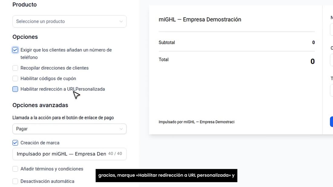 Si quiere que, al pagar, su cliente vaya a una página suya de gracias, marque «Habilitar redirección a URL personalizada