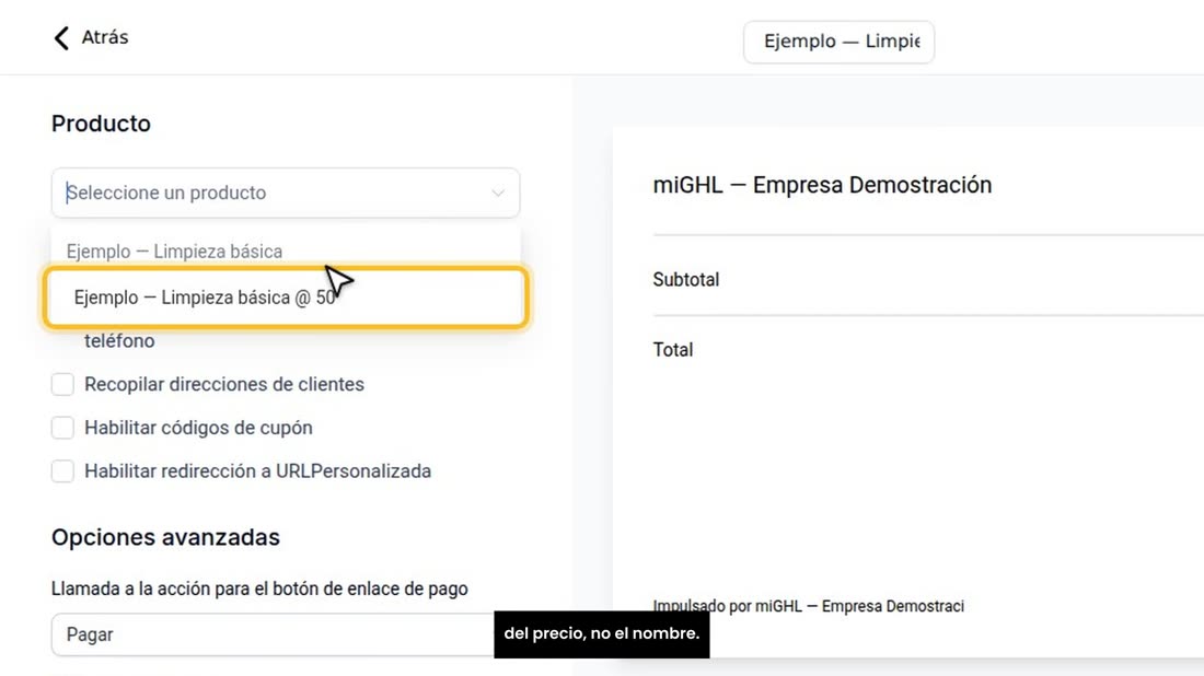 Y al final, elija el producto: abra la lista y pulse la línea del precio, no el nombre.