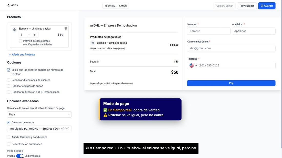 Muy importante: abajo, en «Modo de pago», compruebe que dice «En tiempo real». En «Prueba», el enlace se ve igual, pero 