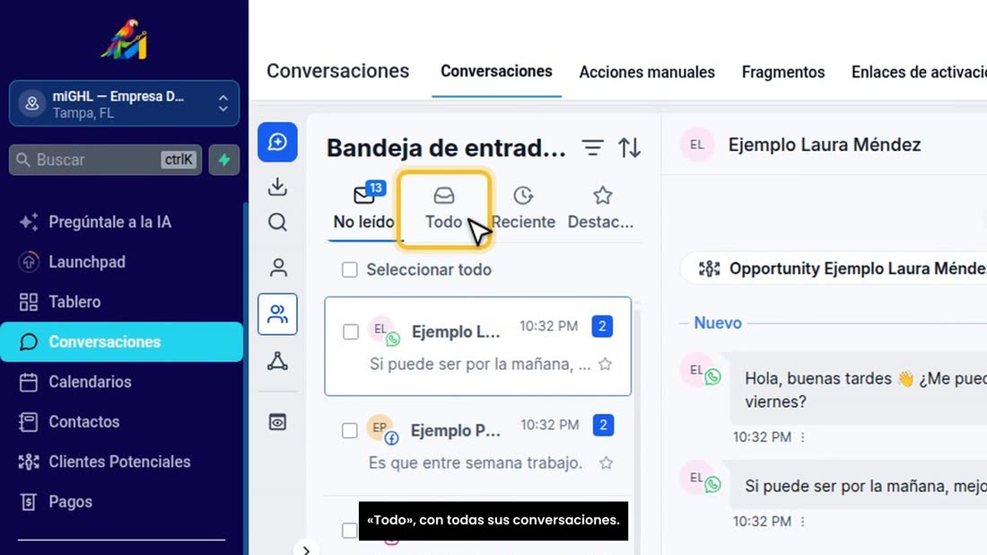 Arriba tiene «No leído», con lo que aún no ha abierto, y «Todo», con todas sus conversaciones.