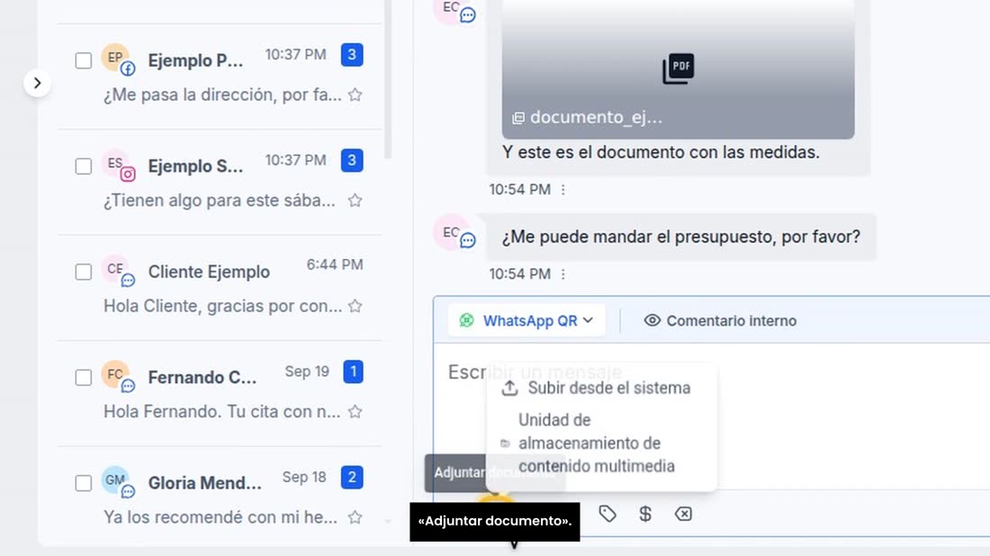 Ahora, para mandarle usted un archivo, pulse abajo el clip: «Adjuntar documento».