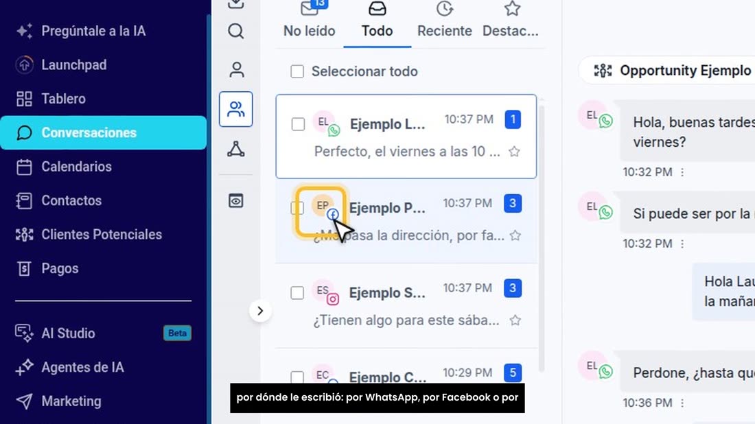 En «Conversaciones», el iconito pegado a cada cliente le dice por dónde le escribió: por WhatsApp, por Facebook o por In