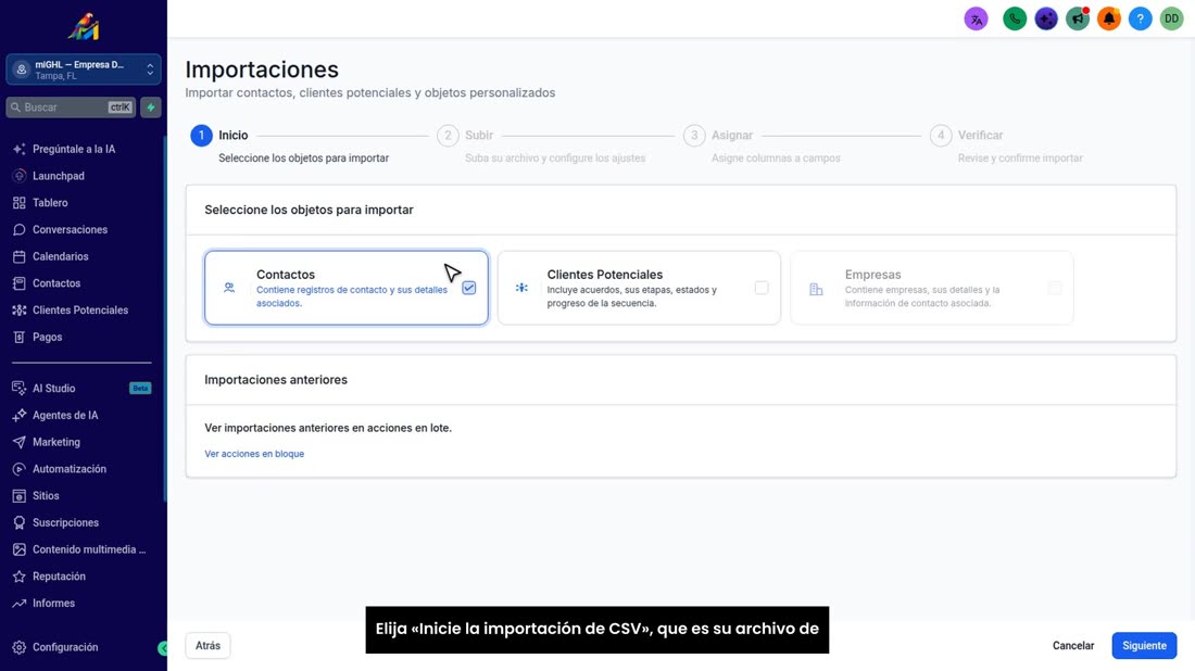 Elija «Inicie la importación de CSV», que es su archivo de Excel.