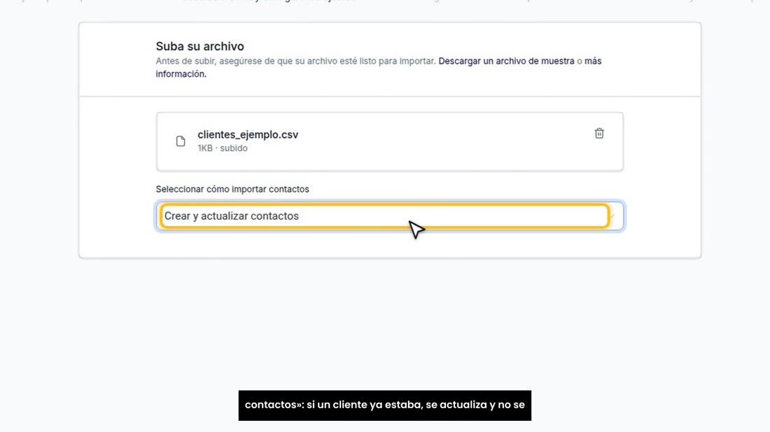 Suba su archivo. Y aquí debajo, deje «Crear y actualizar contactos»: si un cliente ya estaba, se actualiza y no se repit