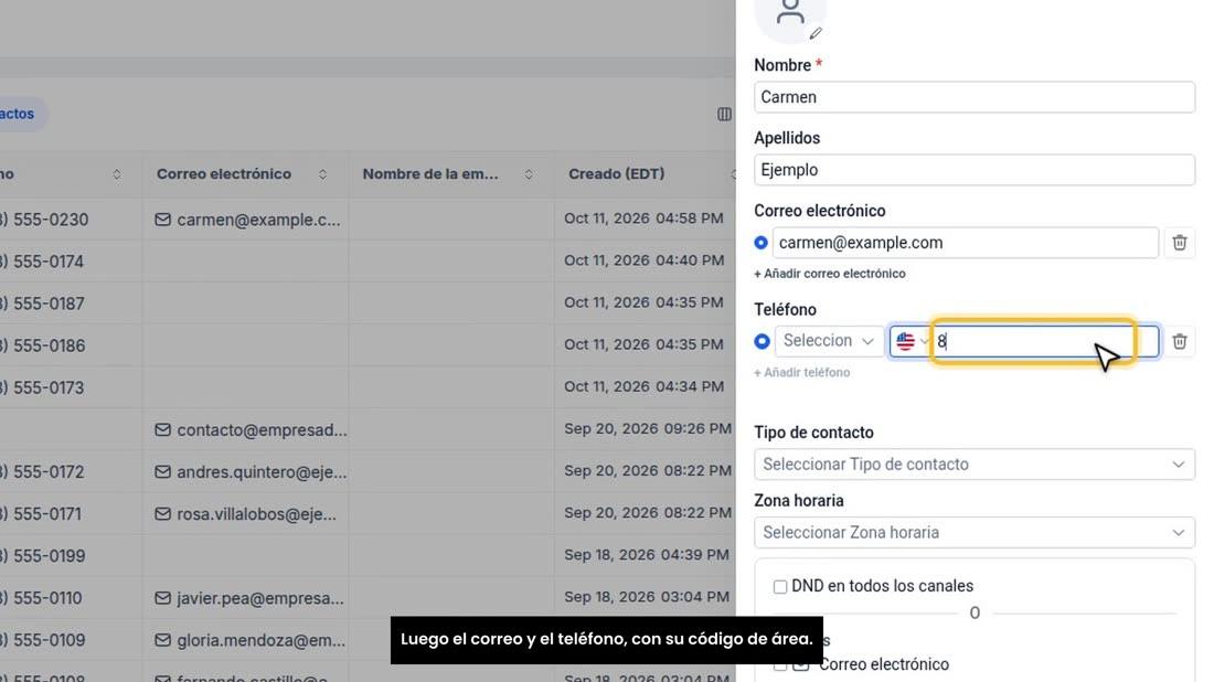 Luego el correo y el teléfono, con su código de área.