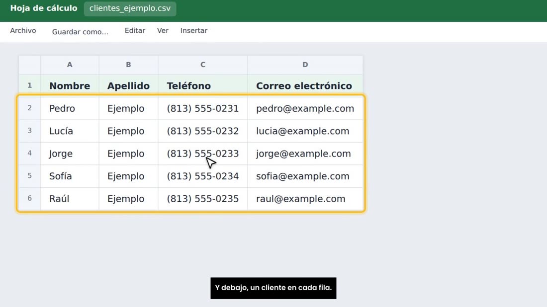 Y debajo, un cliente en cada fila.