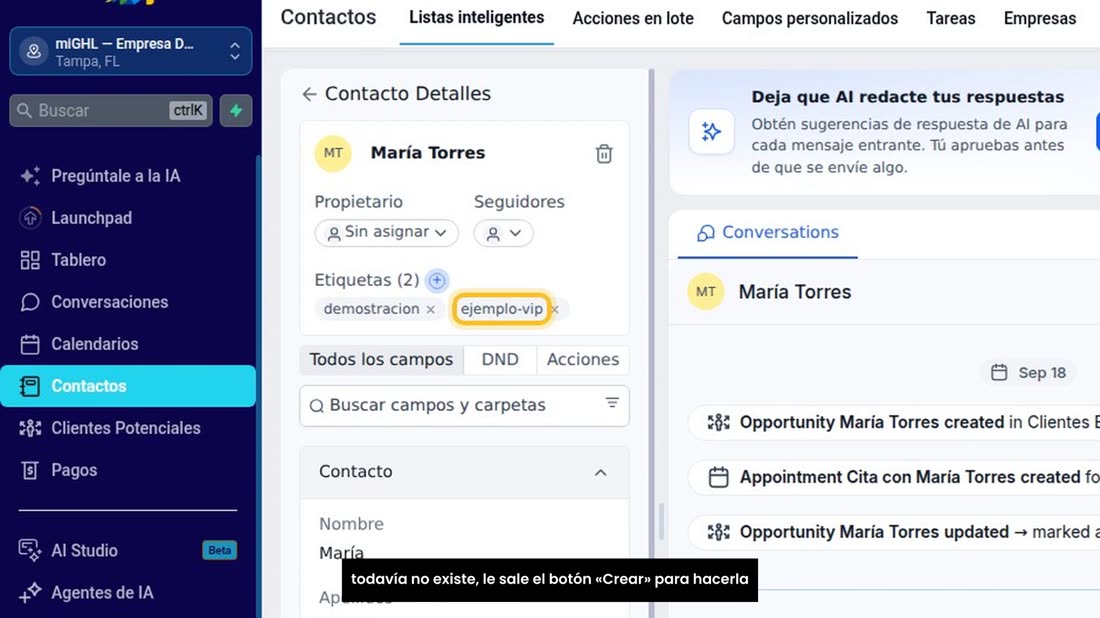 Escriba el nombre de la etiqueta y elíjala de la lista. Si todavía no existe, le sale el botón «Crear» para hacerla nuev