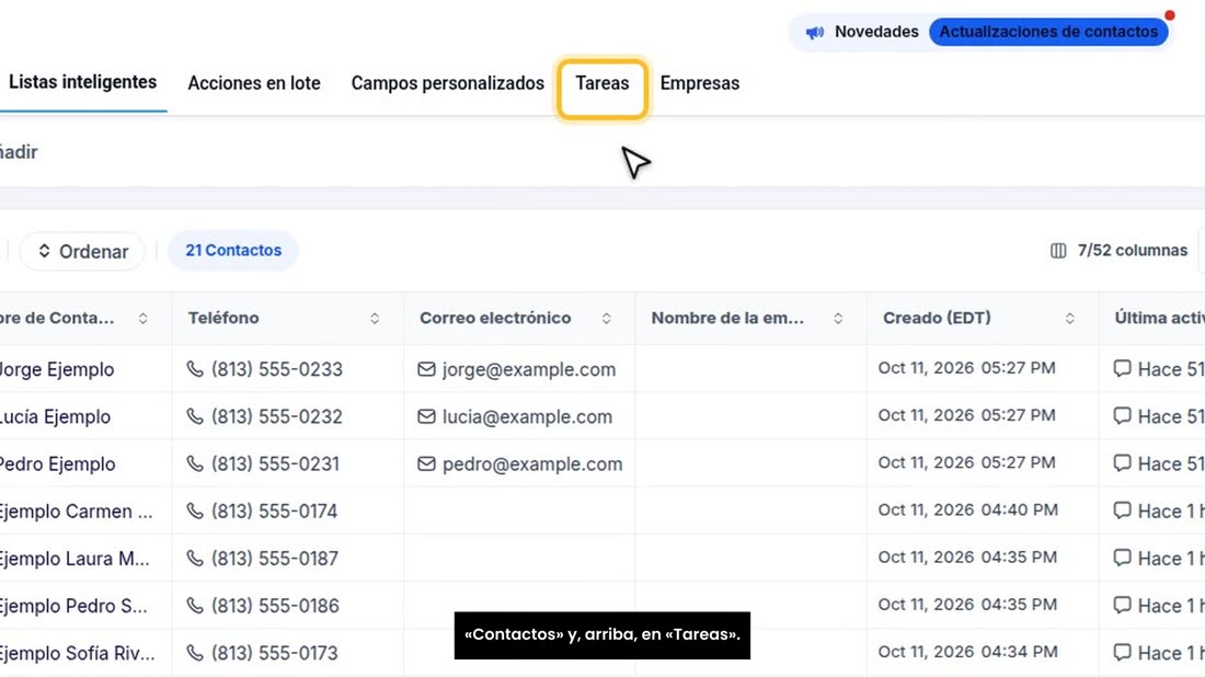 Para ver juntas las tareas de todos sus clientes, entre en «Contactos» y, arriba, en «Tareas».