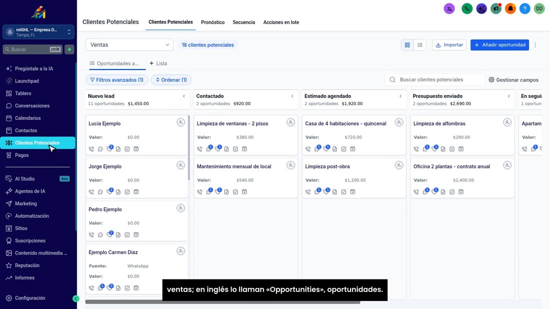 En el menú, entre en «Clientes Potenciales». Es su tablero de ventas; en inglés lo llaman «Opportunities», oportunidades