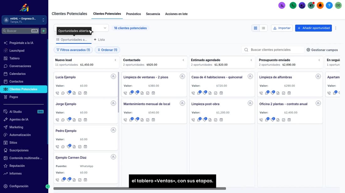 Arriba se elige el tablero. Con miGHL esto ya le viene listo: el tablero «Ventas», con sus etapas.