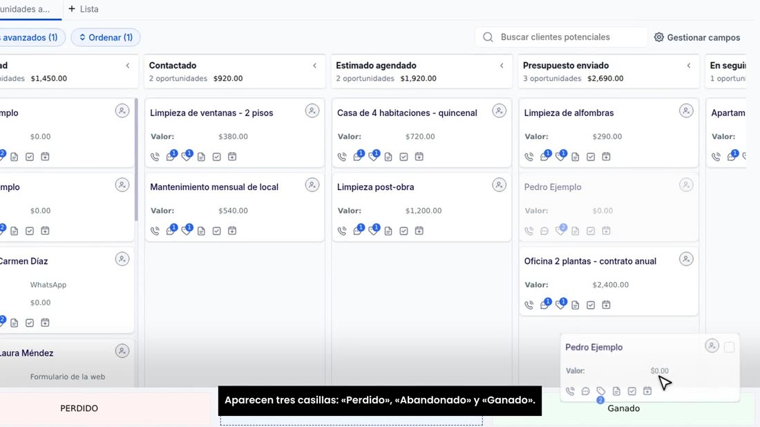 Cuando el cliente le compra, arrastre su tarjeta hacia abajo. Aparecen tres casillas: «Perdido», «Abandonado» y «Ganado»