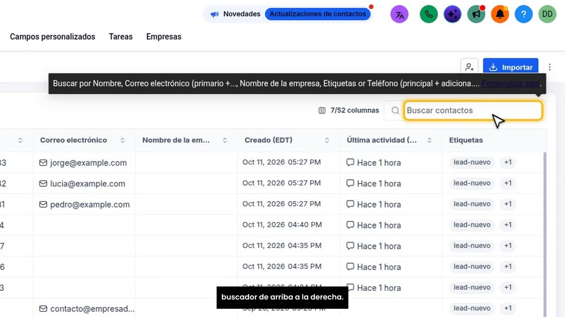 Para encontrar a un cliente, entre en «Contactos» y use el buscador de arriba a la derecha.