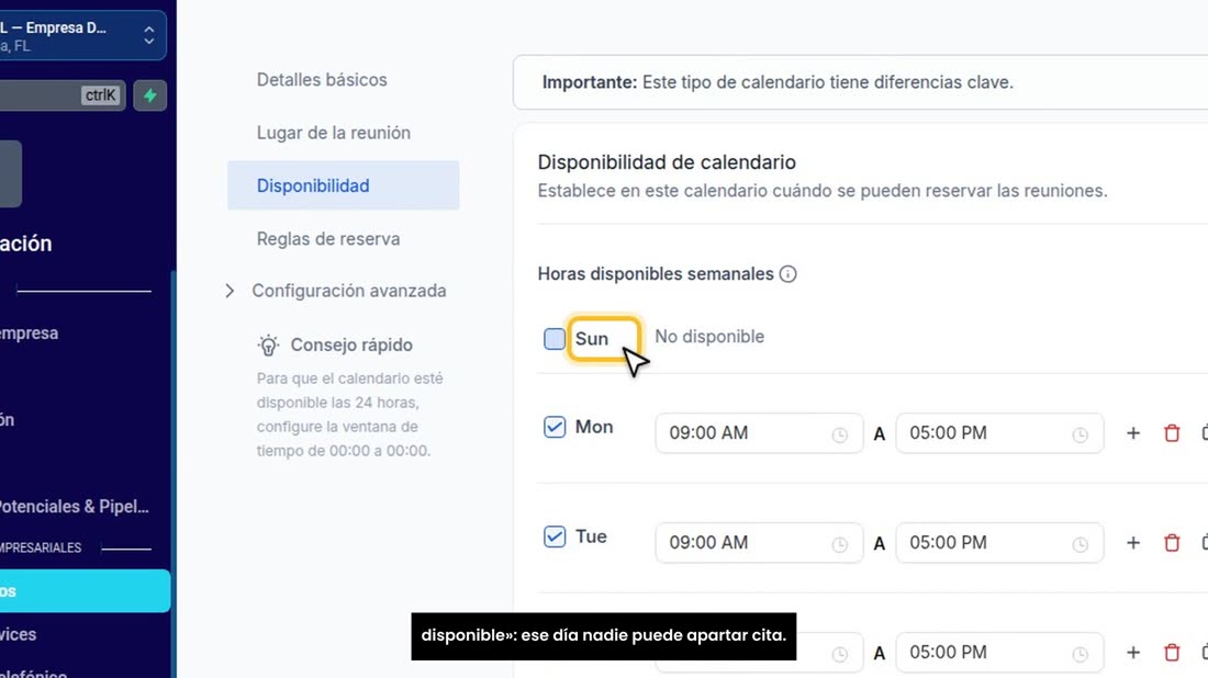 Los días que no marque, como el sábado y el domingo, salen «No disponible»: ese día nadie puede apartar cita.
