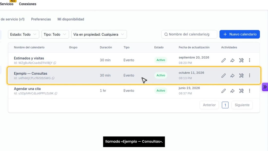 Aquí están sus calendarios. Para este ejemplo usamos uno llamado «Ejemplo — Consultas».