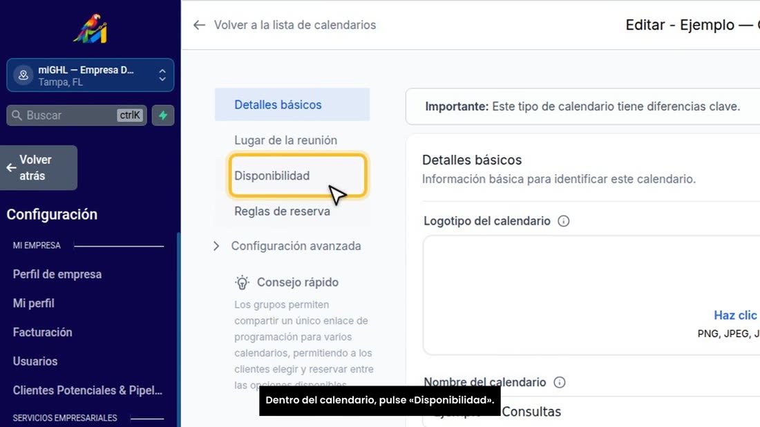 Dentro del calendario, pulse «Disponibilidad».
