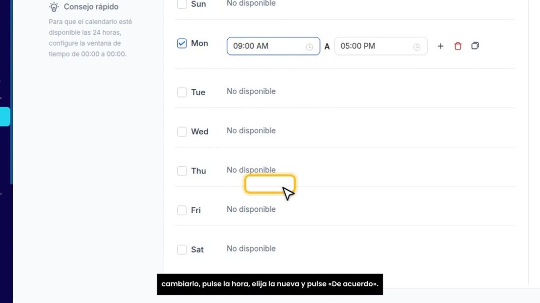Aparece un horario de 8 de la mañana a 5 de la tarde. Para cambiarlo, pulse la hora, elija la nueva y pulse «De acuerdo»