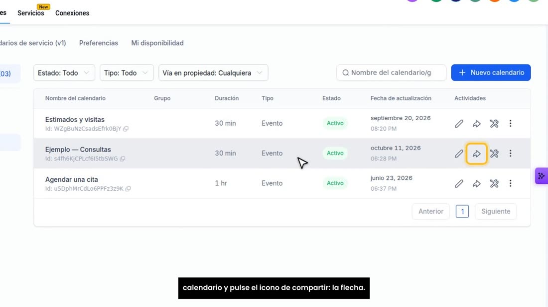 En «Calendarios», «Configuración del calendario», busque su calendario y pulse el icono de compartir: la flecha.