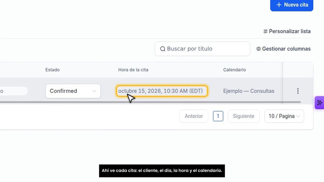 Ahí ve cada cita: el cliente, el día, la hora y el calendario.